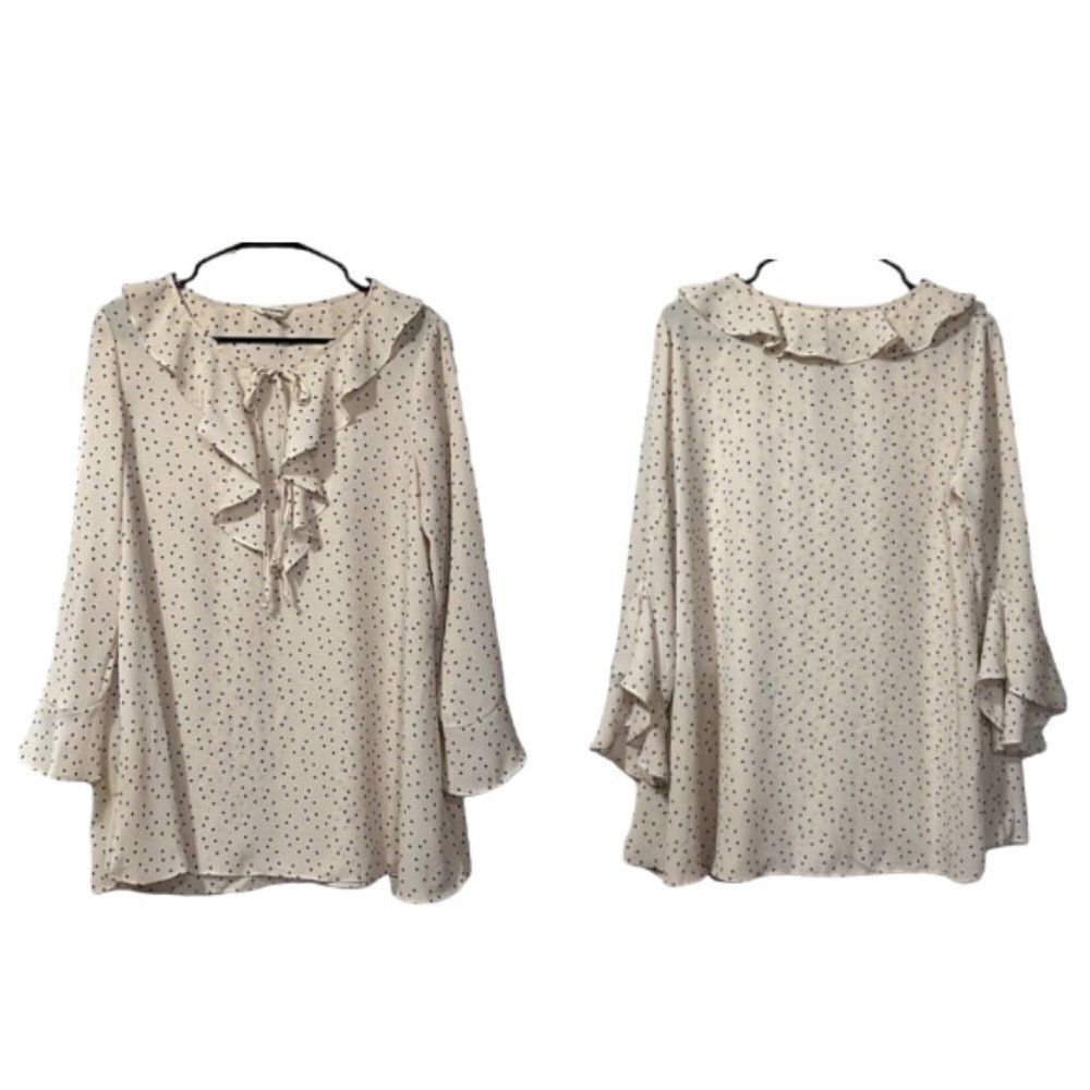 Max Studio Womens Medium Flowy Blouse Cream Black Polka Dots Ruffled